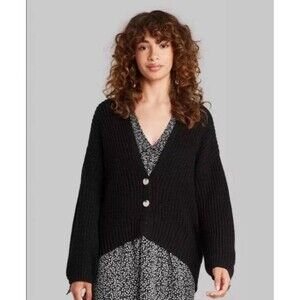 Wild Fable Medium Slouchy Cardigan Black V-Neck Button Front Long Sleeve Ribbed